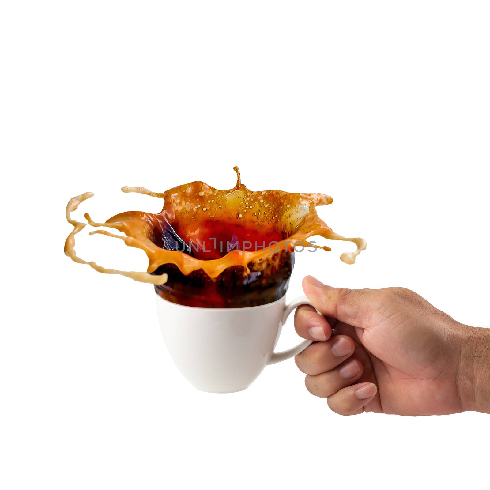 Hot coffee splashing isolated on a white background.