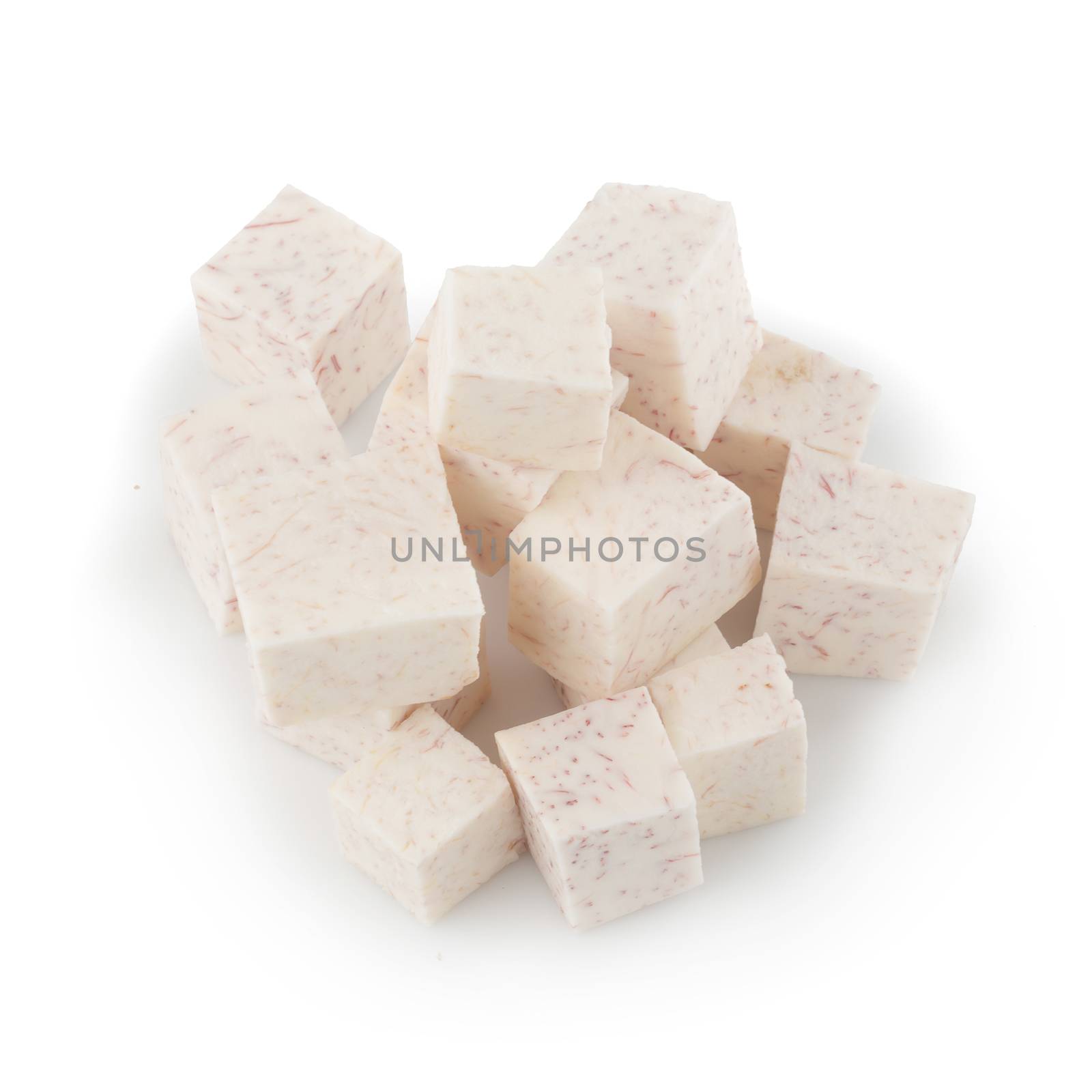 Cube of taro root isolated on a white background.