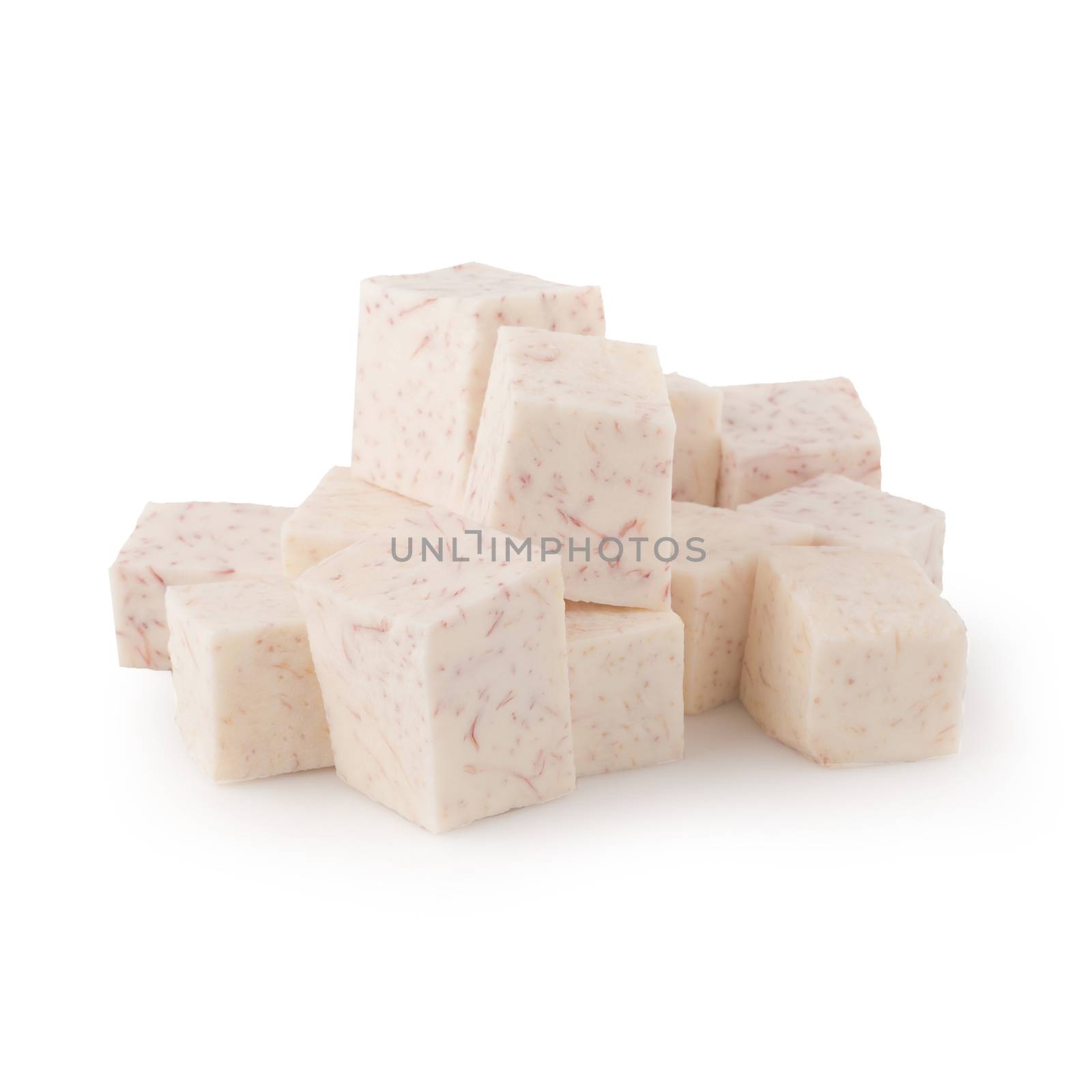 Cube of taro root isolated on a white background.