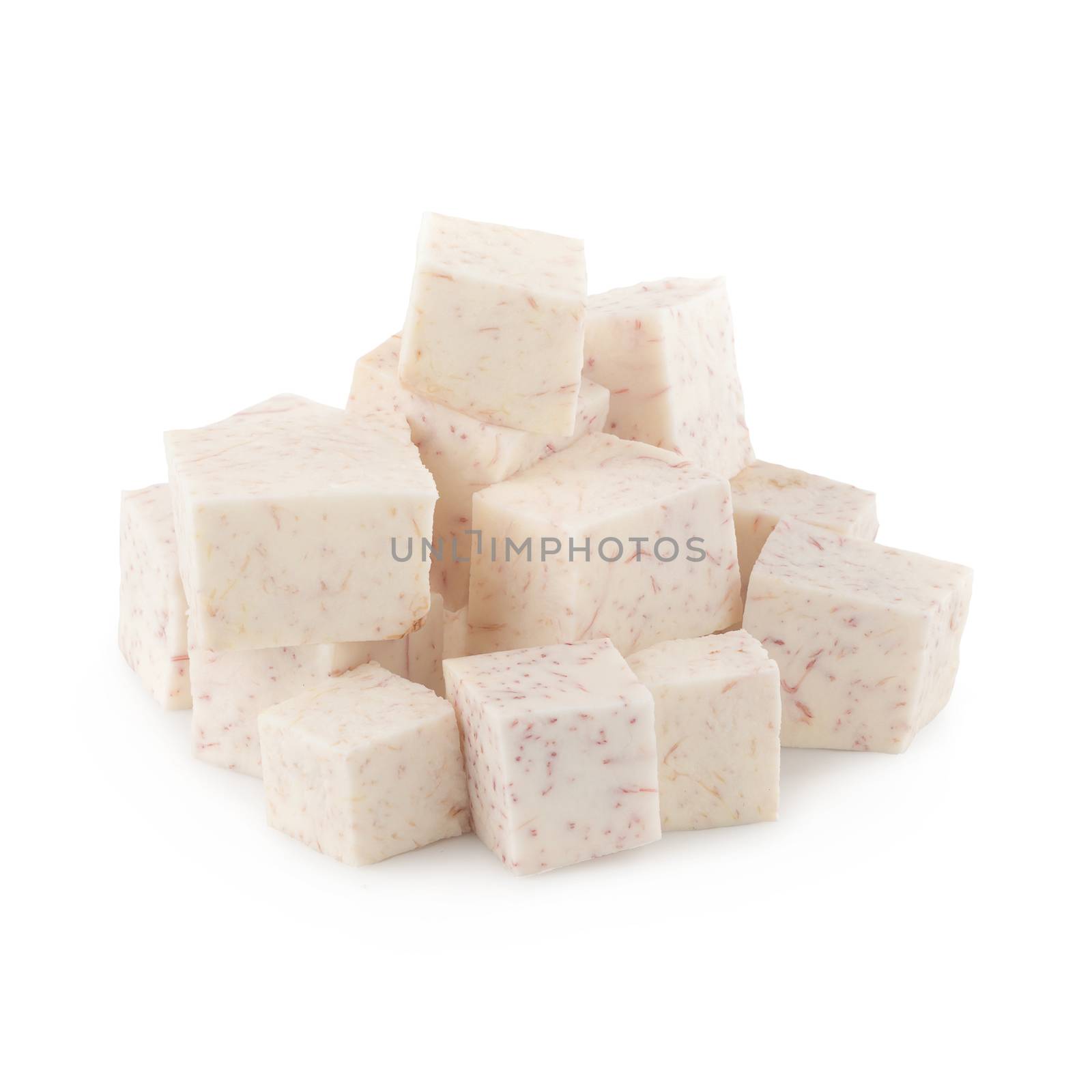 Cube of taro root isolated on a white background.