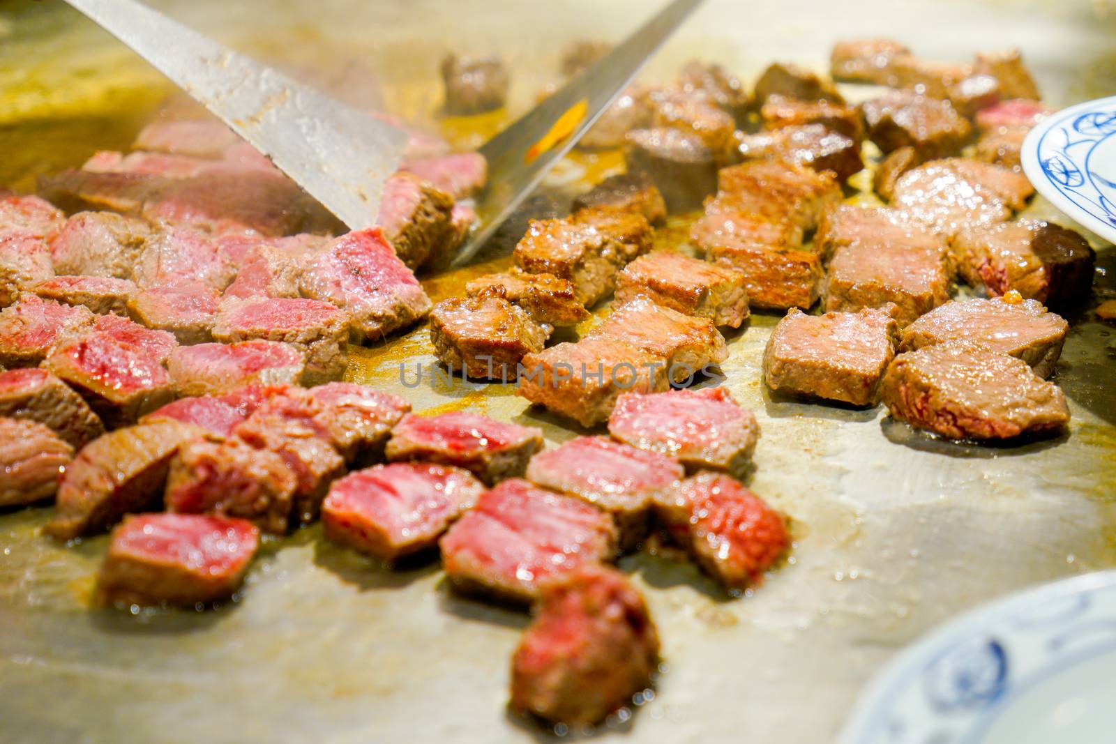 Kobe steak on the hot pan in Japan