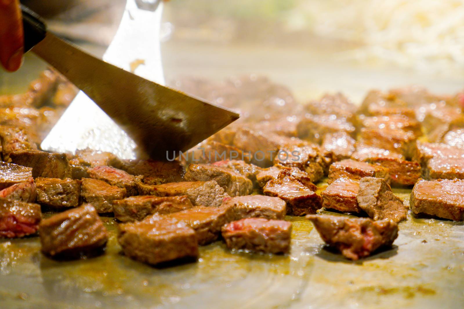 Kobe steak on the hot pan in Japan