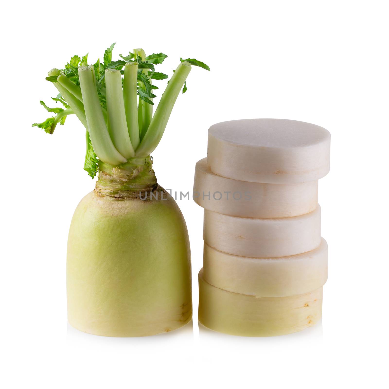 Daikon radishes isolated on a white background.