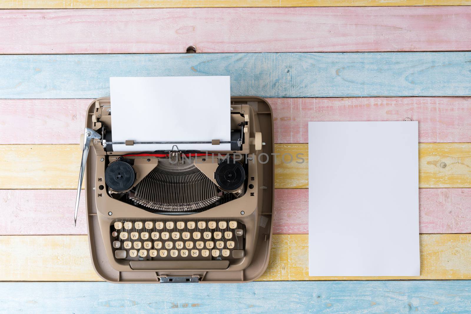 Top view of retro style typewriter in studio