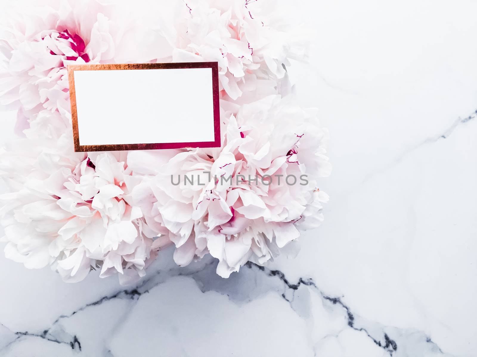 Glamorous business card or invitation mockup and bouquet of peony flowers, wedding and event branding design