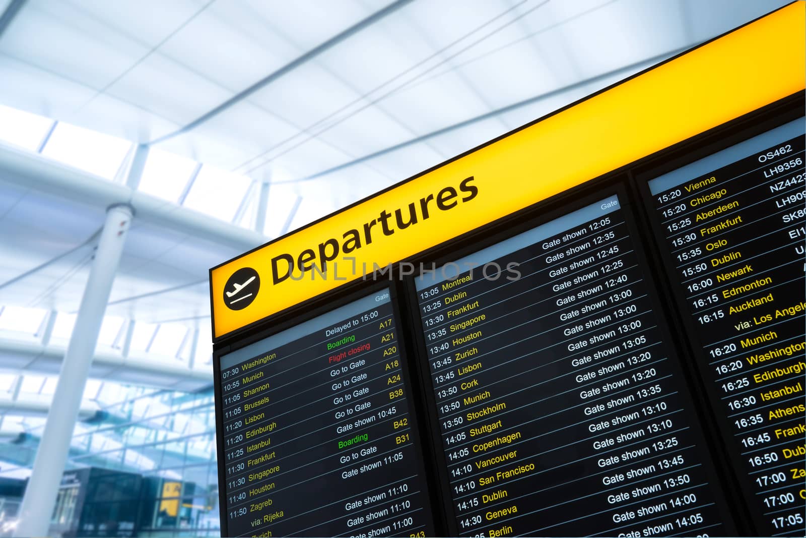 Flight information, arrival, departure at the airport, London, England