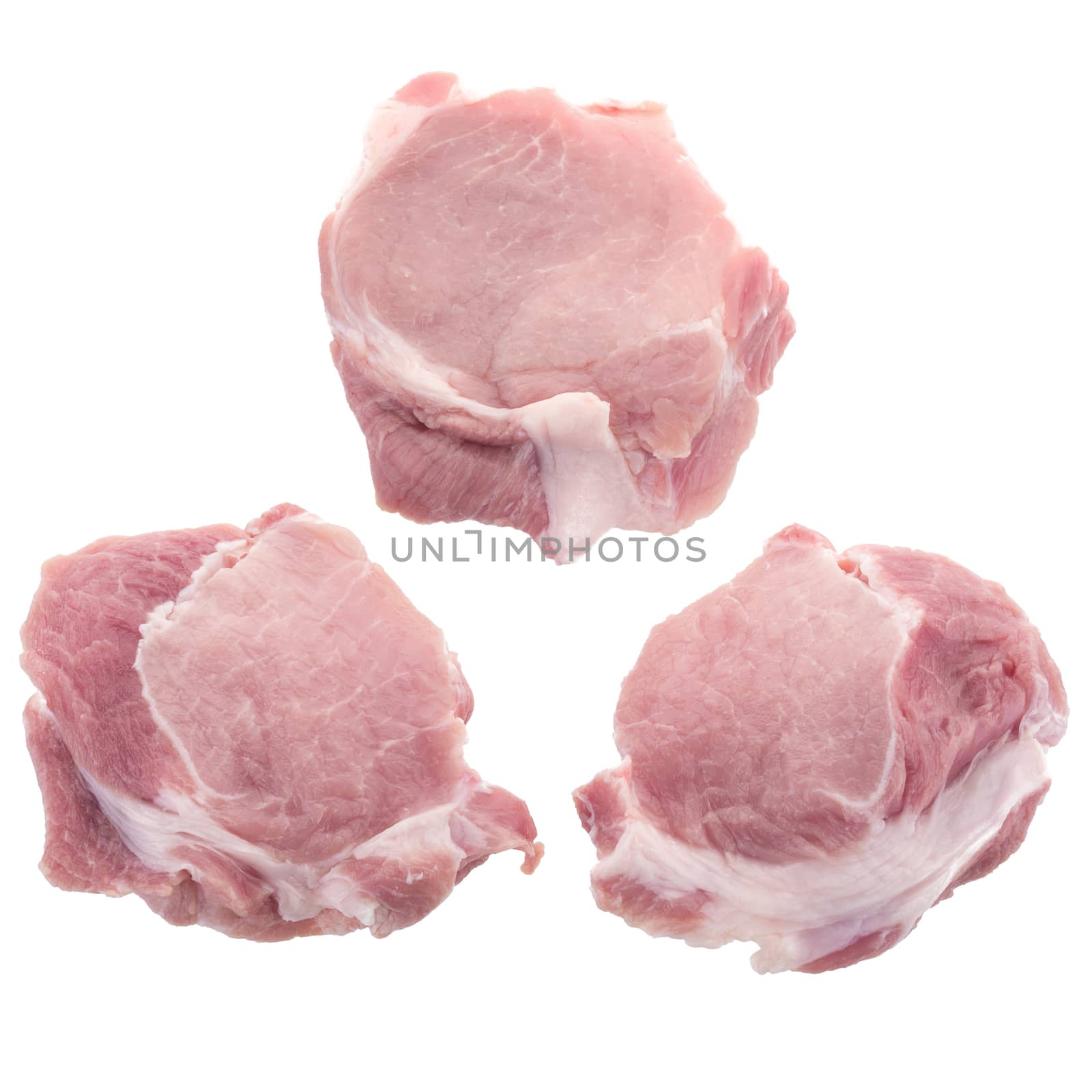 Pieces of pork meat, Sliced raw pork meat isolated on white back by kaiskynet