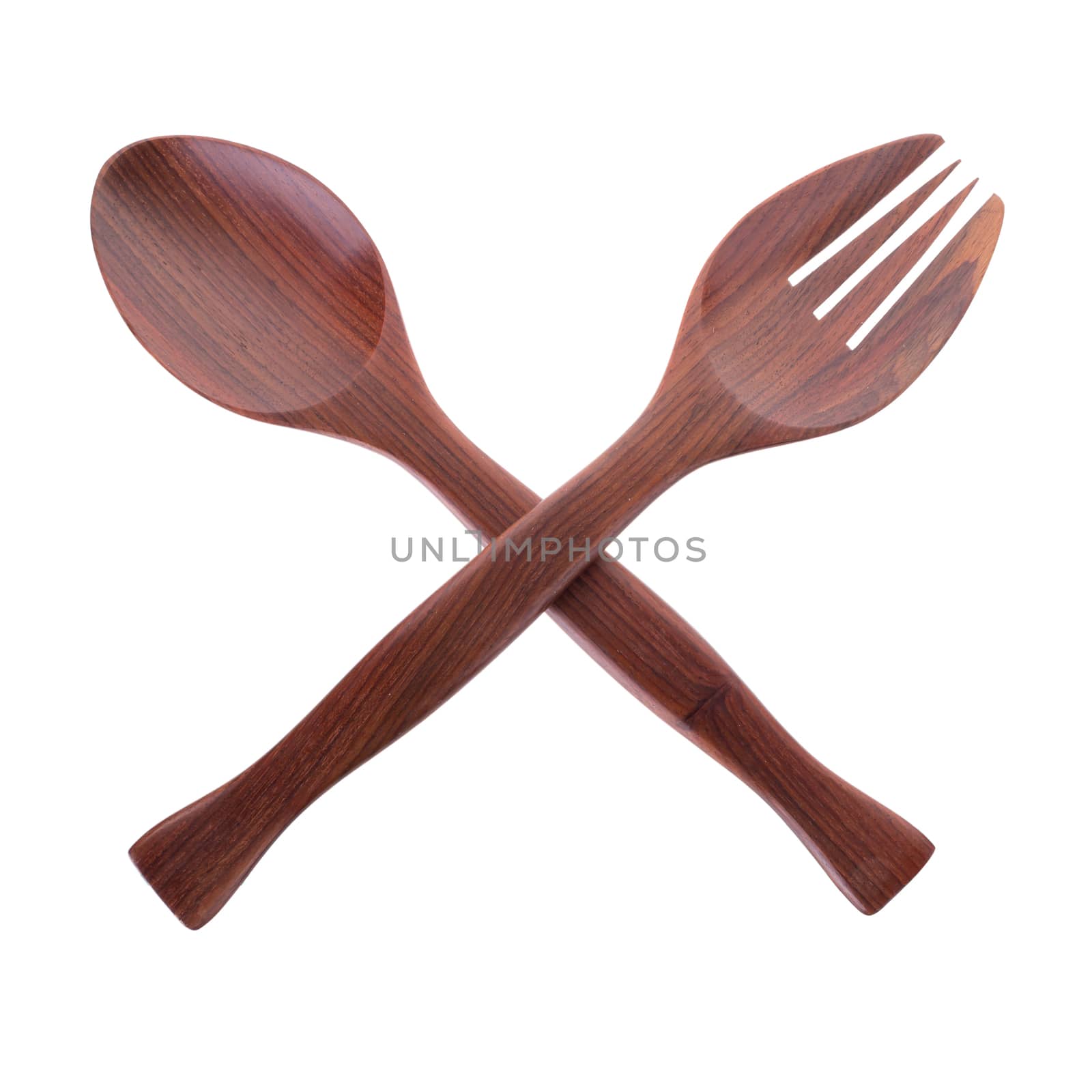 wooden spoon and fork isolated on white background.