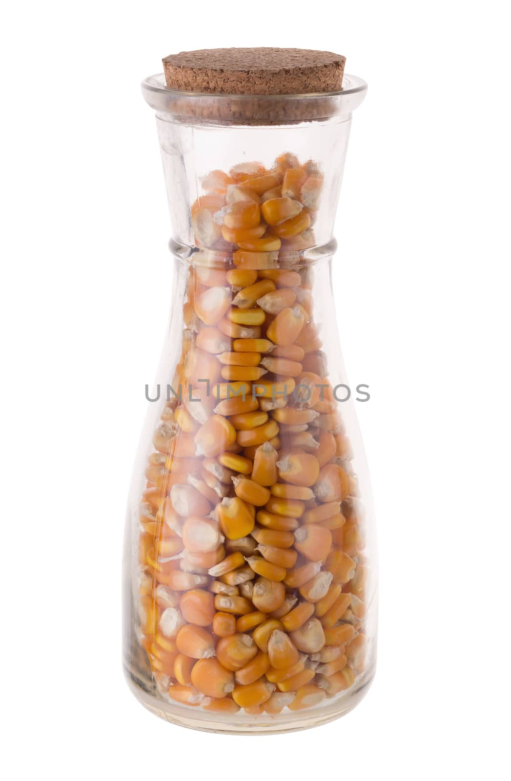 Bottle of corn seeds isolated on a white background.