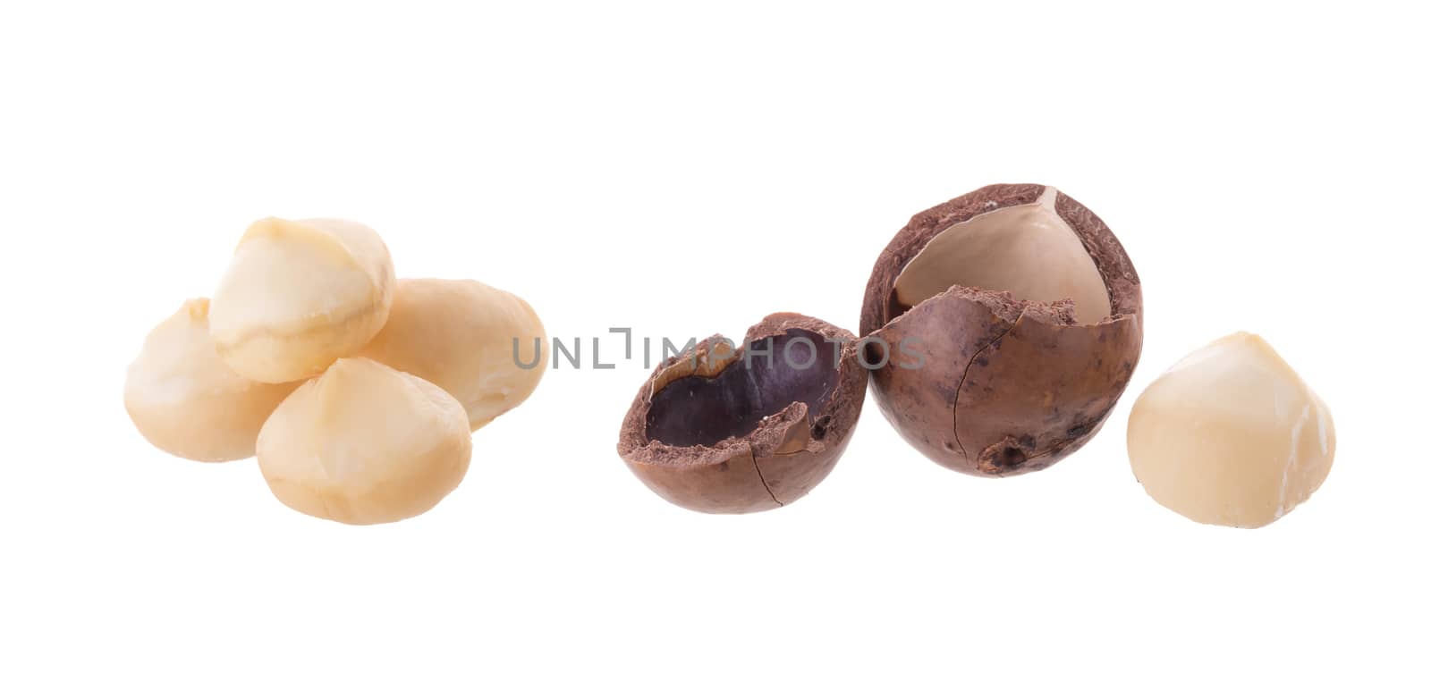 Shelled and unshelled Dried macadamia nut isolated on a white ba by kaiskynet
