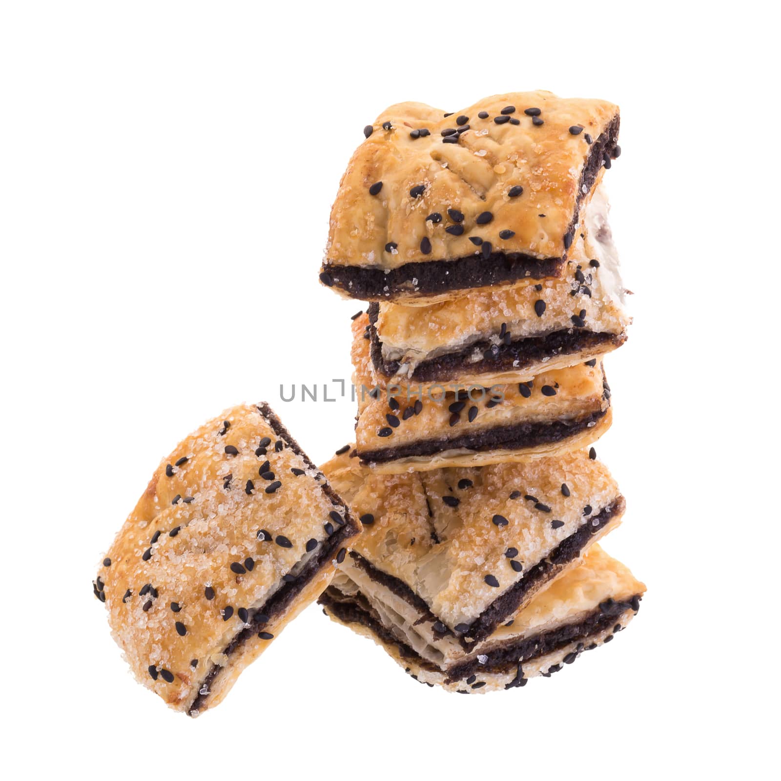 Crispy chocolate pie isolated on white background.