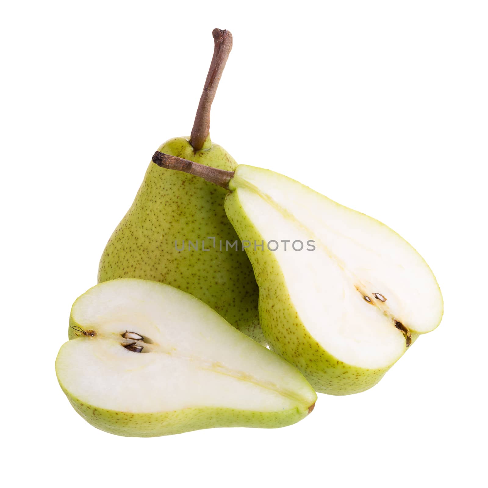 Ripe green pears with half and slice isolated on a white background.