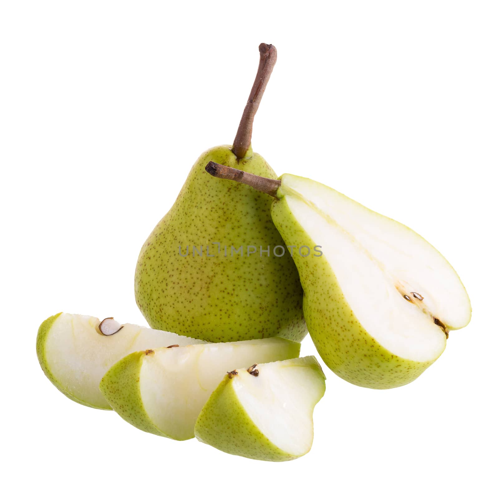 Ripe green pears with half and slice isolated on a white background.
