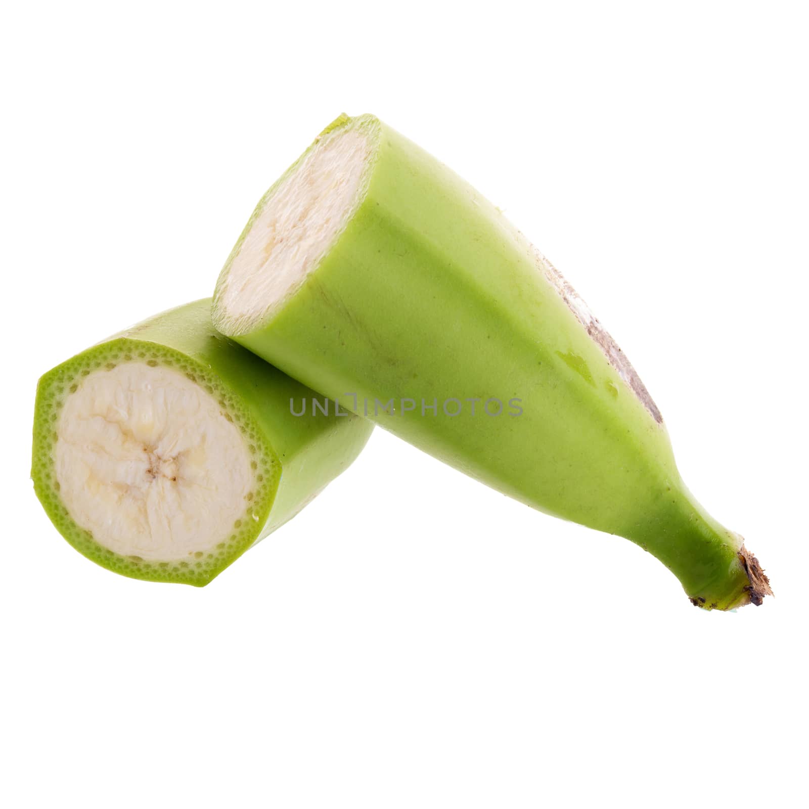 Cut of green bananas isolated on white background. by kaiskynet