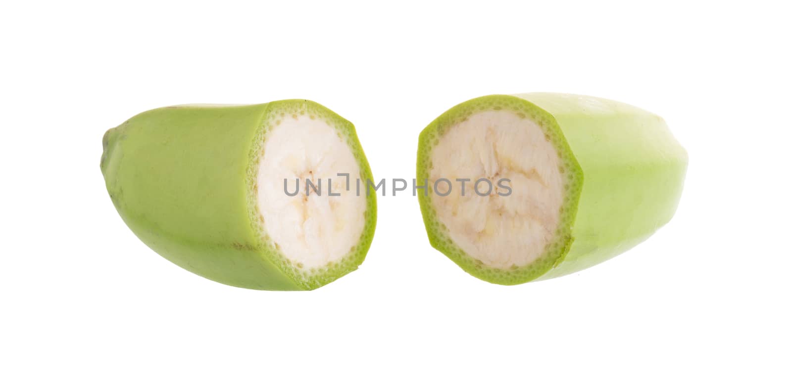 Cut of green bananas isolated on white background