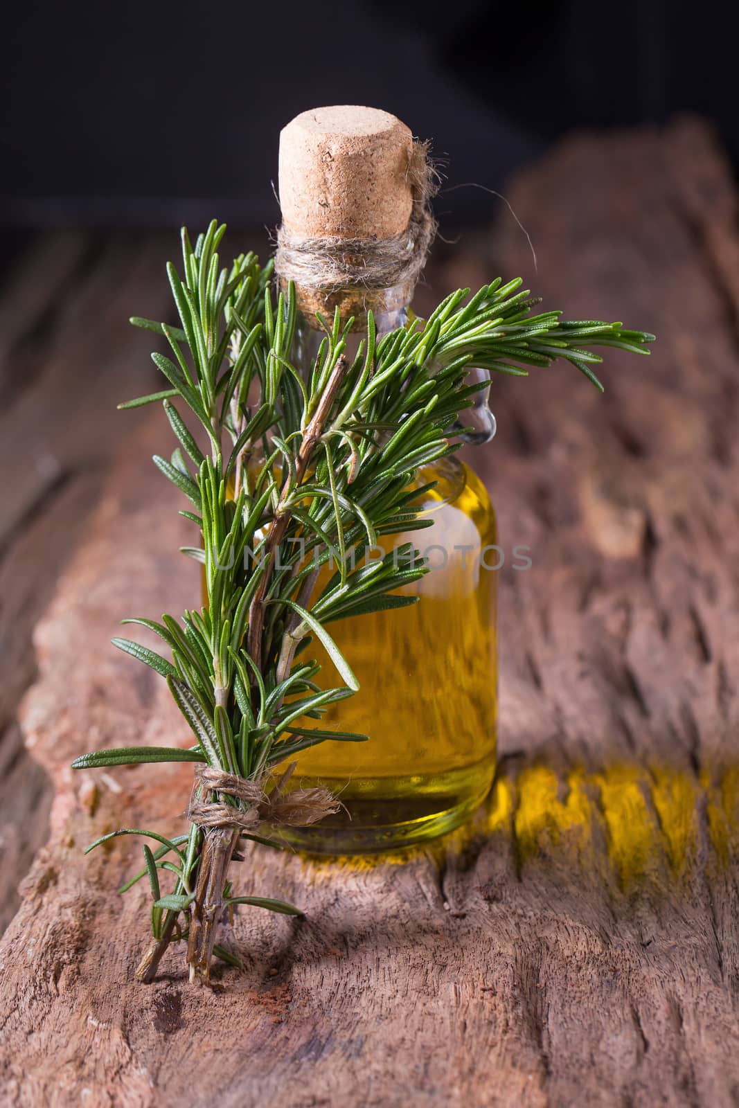 rosemary Herbs and Medicinal herbs. fresh rosemary bunch and oil on wooden background.