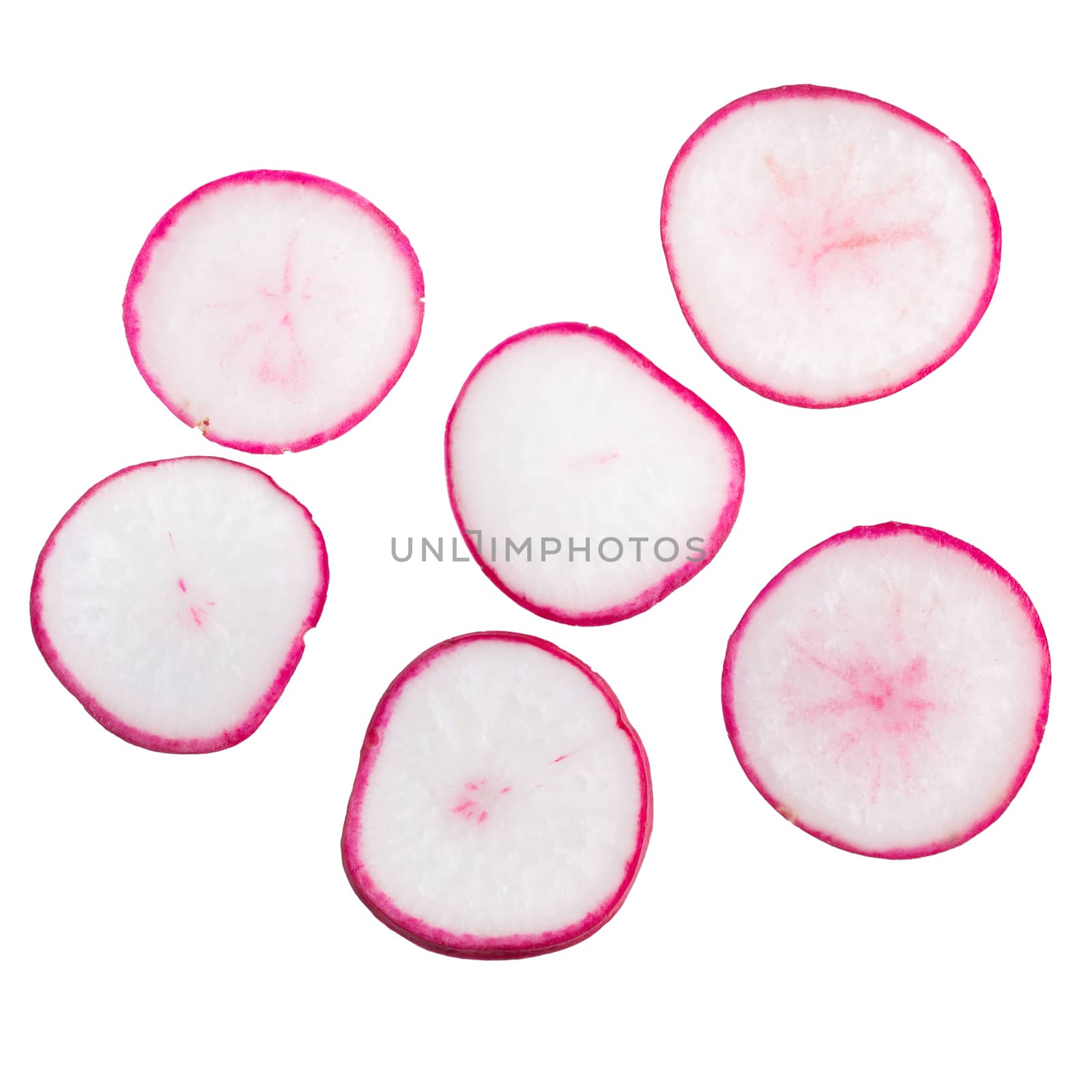 Siced red radish isolated on white background.