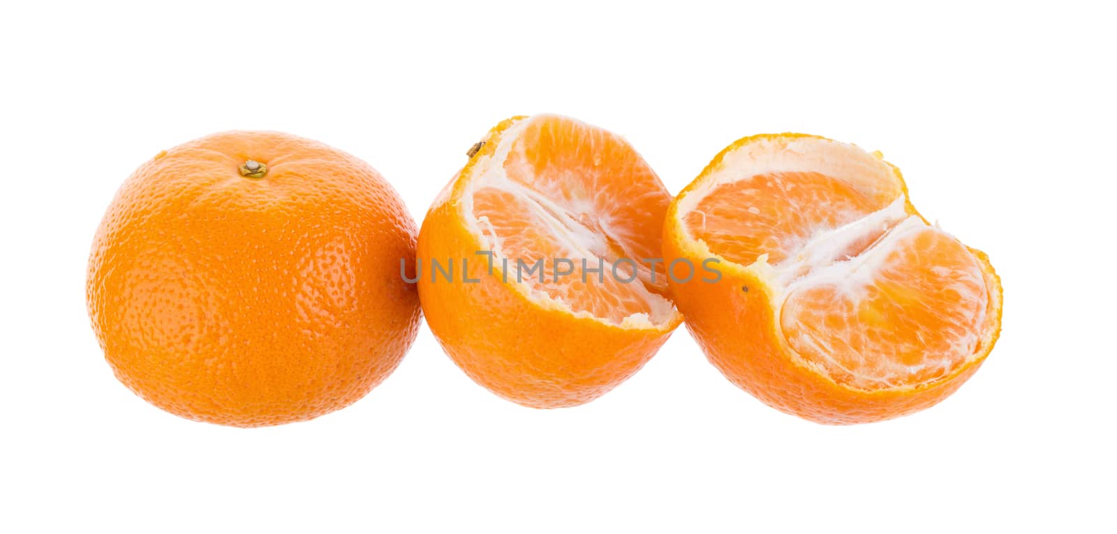 Half orange fruit on white background, fresh and juicy.