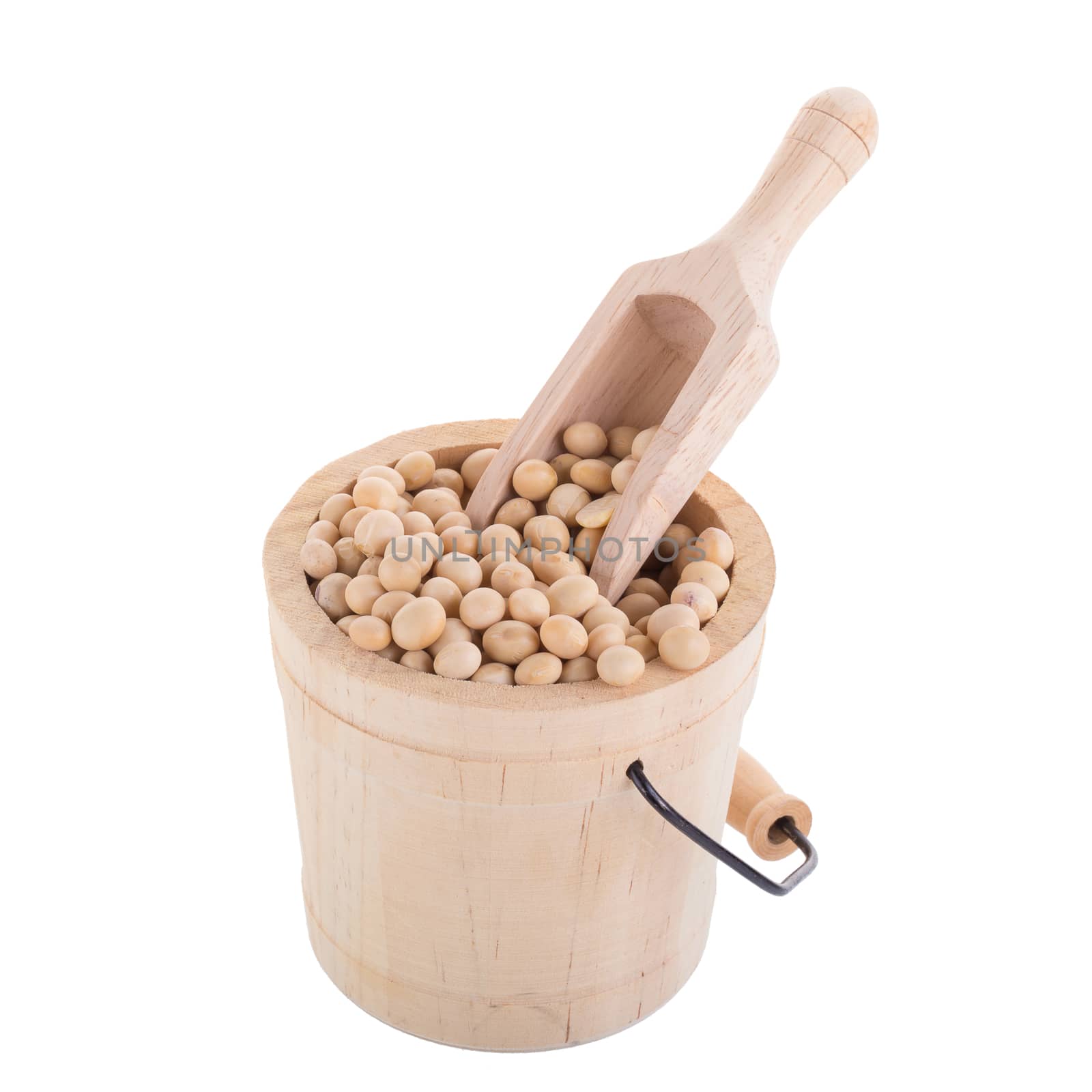 Soybeans in a wooden cup isolated on white background by kaiskynet