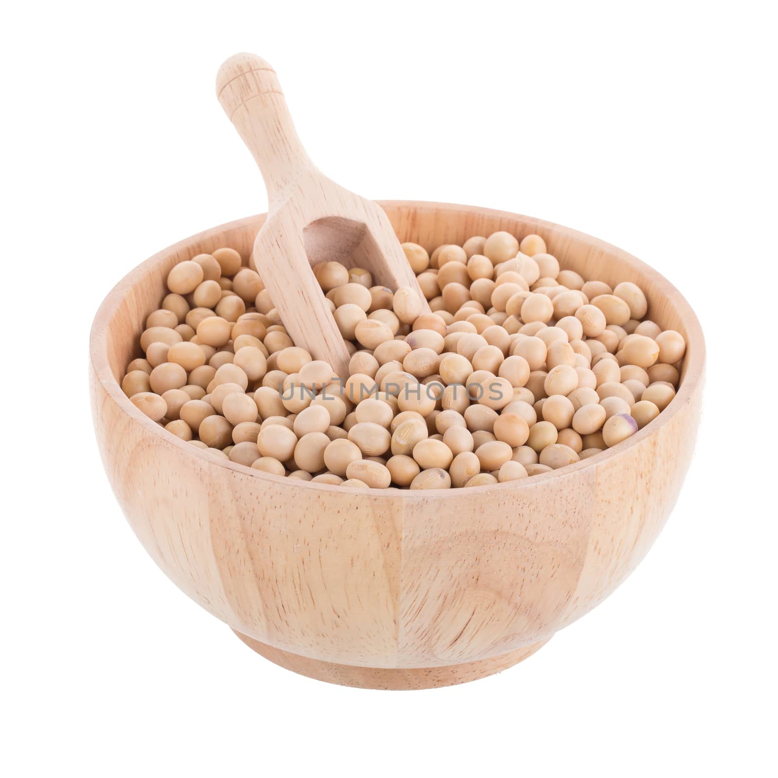 Soybeans in a wooden cup isolated on white background.