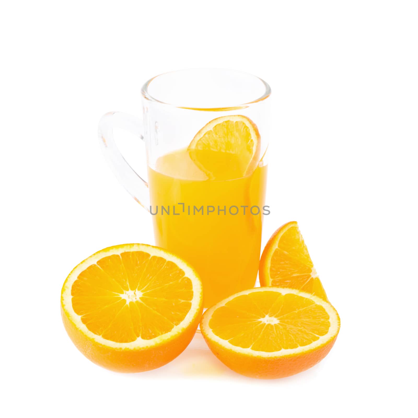 slices of oranges and orange juice isolated on white background by kaiskynet