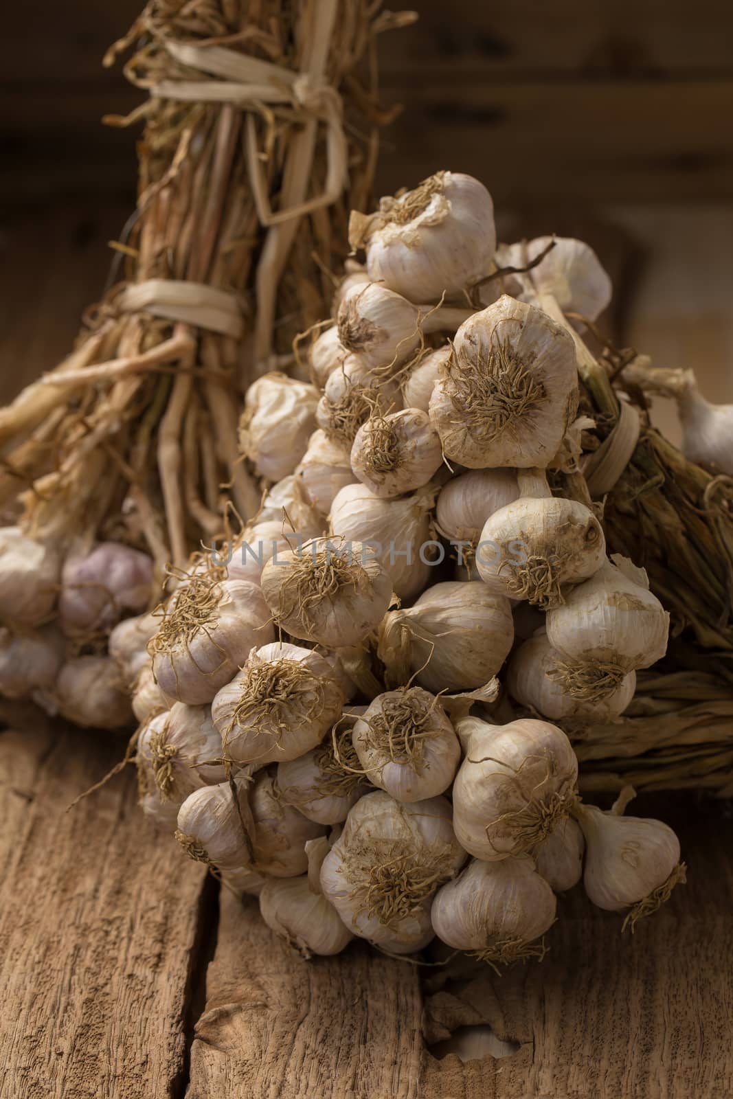 Garlic on the wooden background, Close up garlic on wooden table by kaiskynet