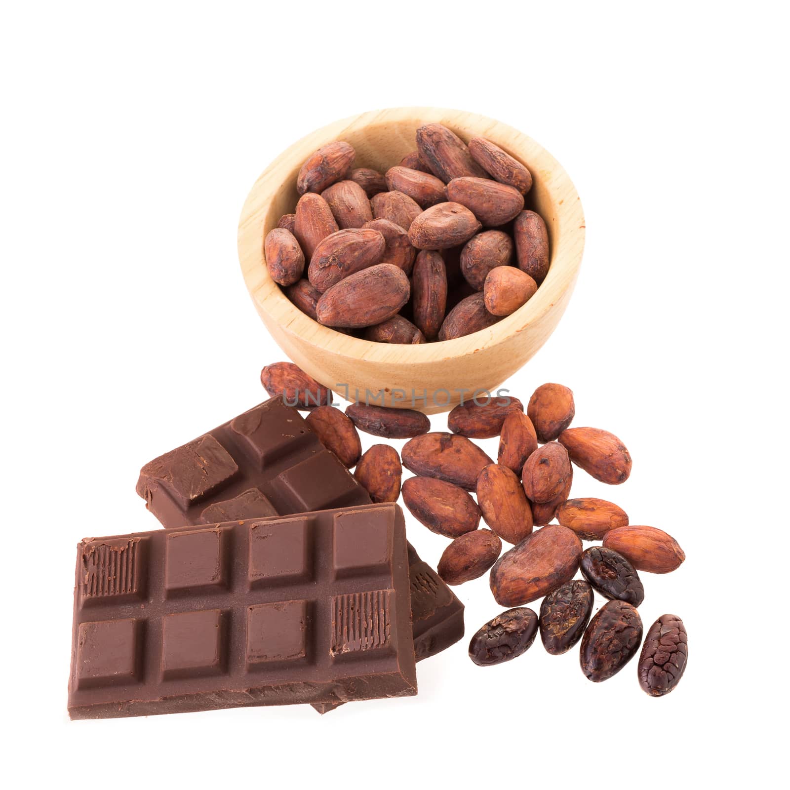 Chocolate with cacao, isolated on white background.