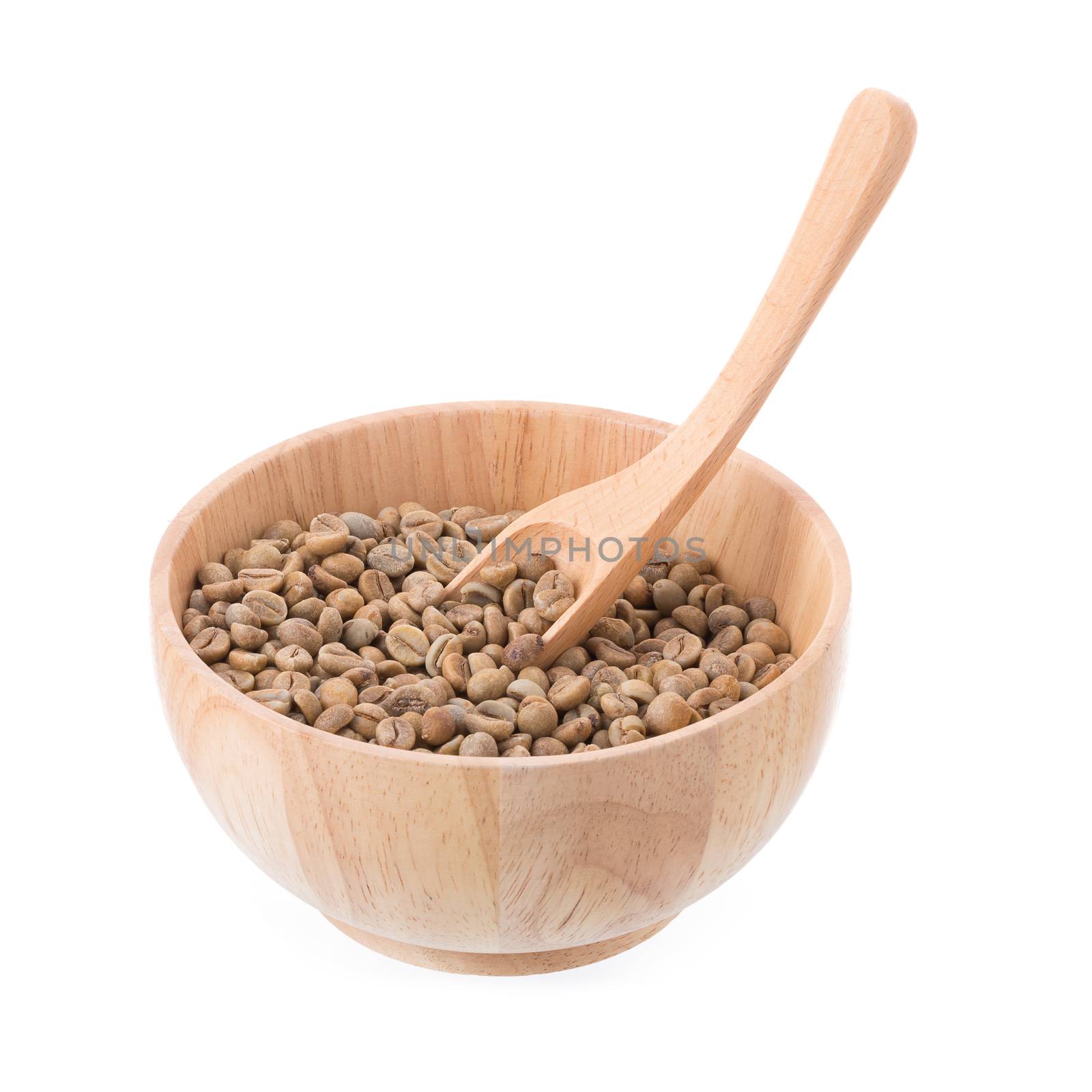 Green Arabica coffee beans in a wooden bowl Isolated on a white background.