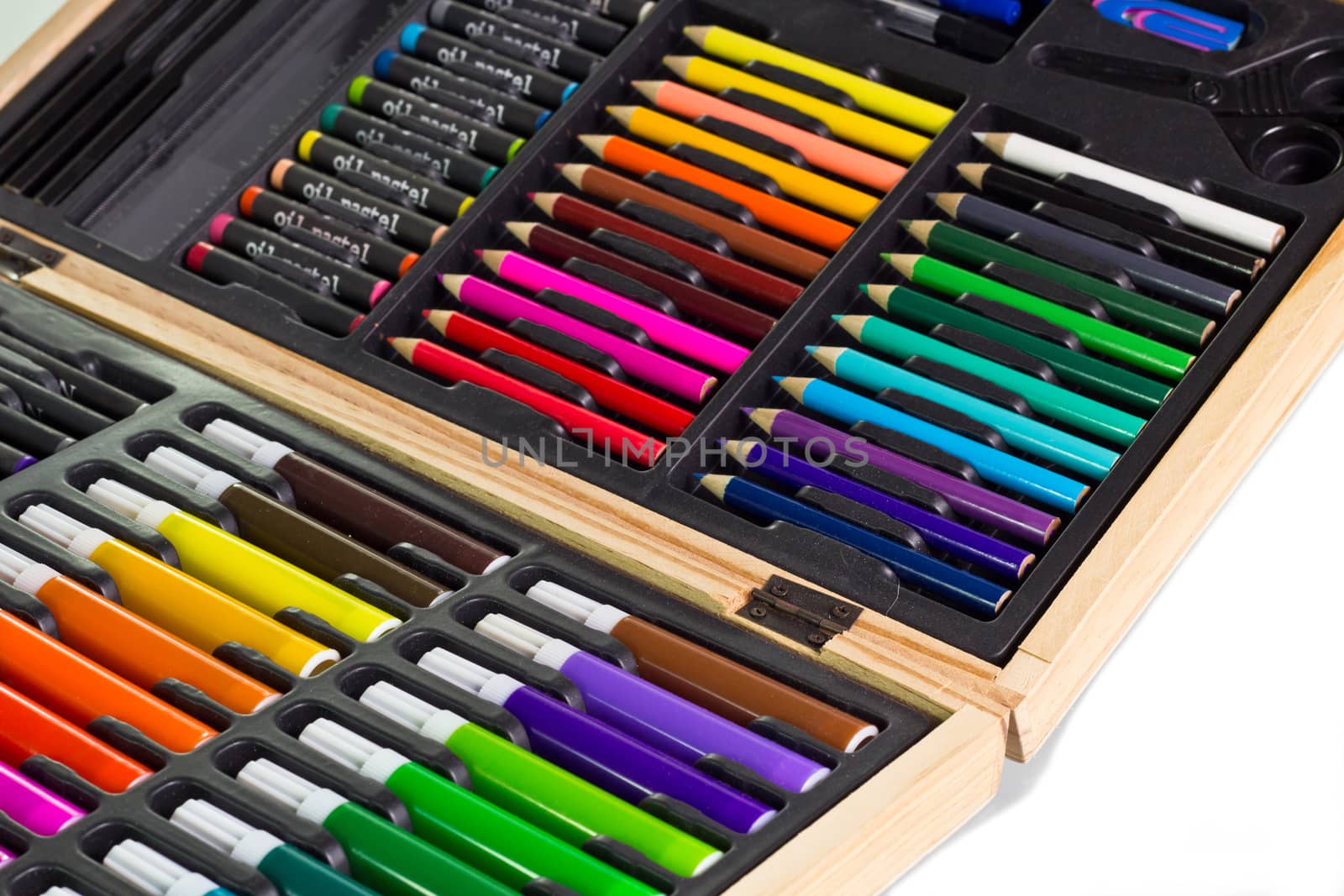 Colored pencils, drawing materials in plywood box isolated on white background