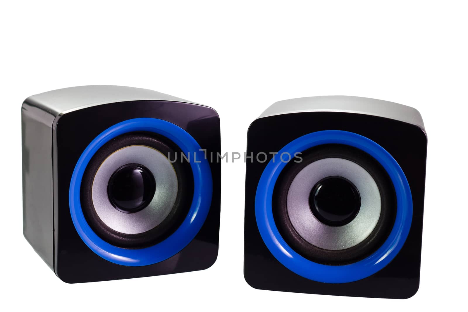 PC computer speakers with blue and black design on isolate white background