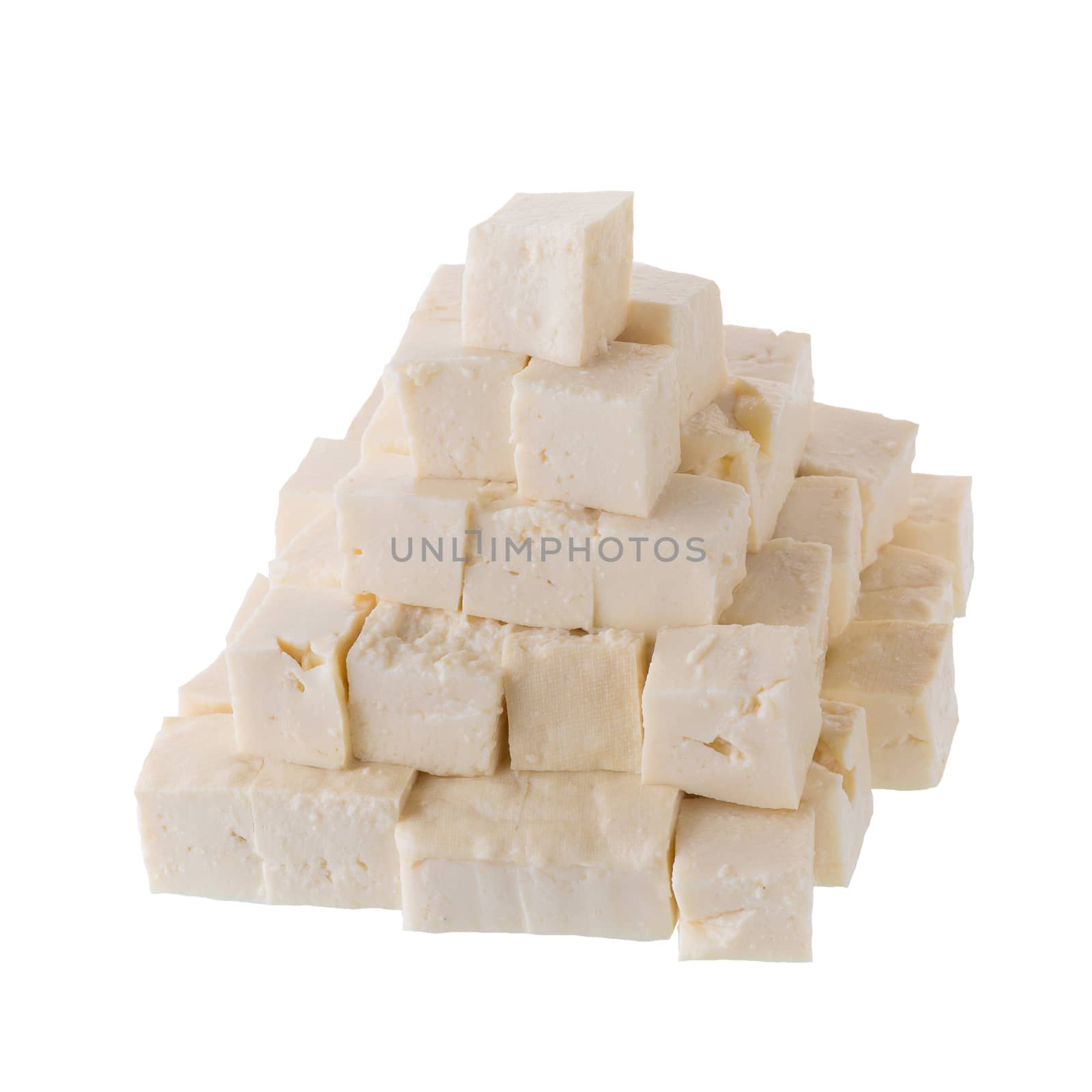 soy cheese tofu diced isolated on white background.