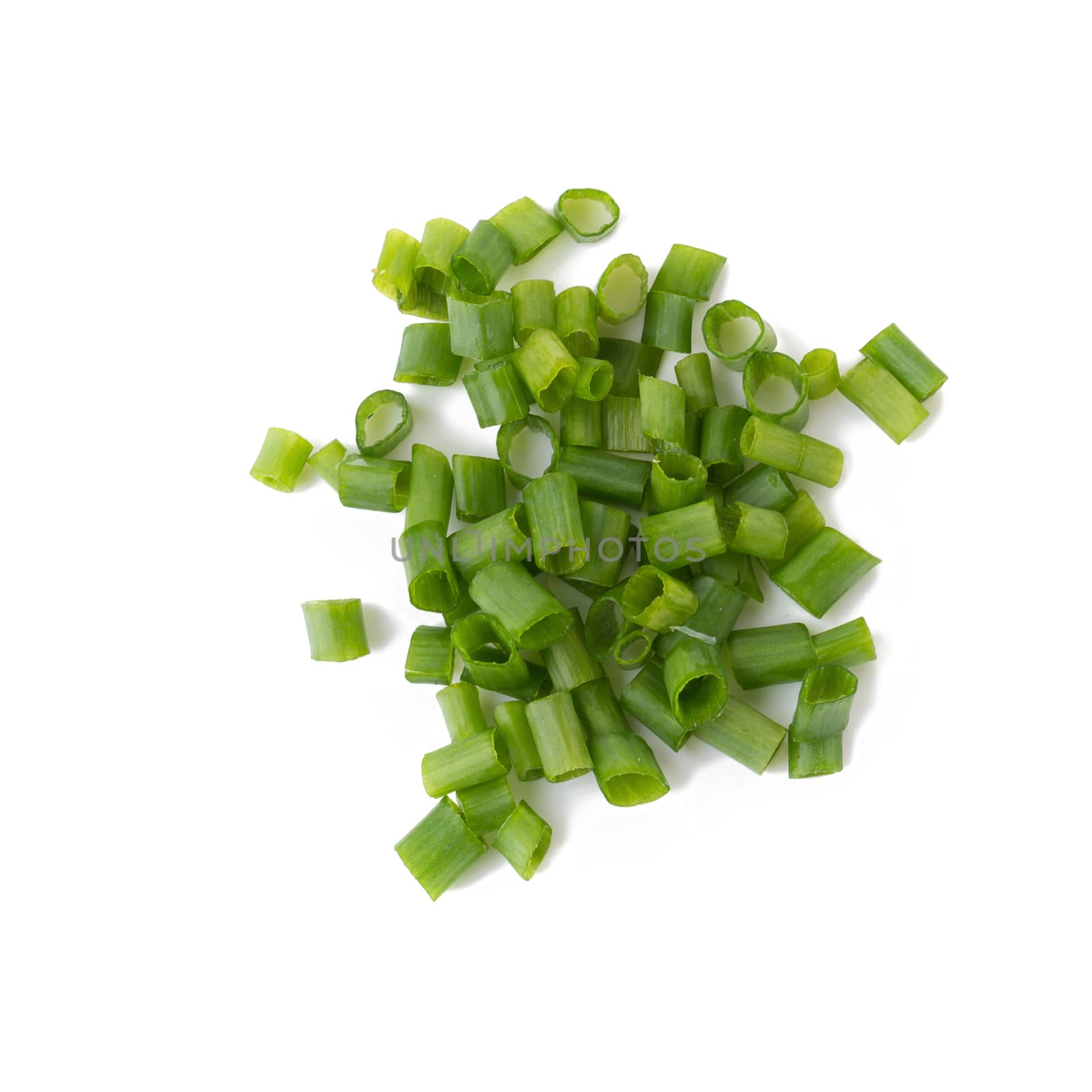 Chopped fresh green onions isolated on white background.