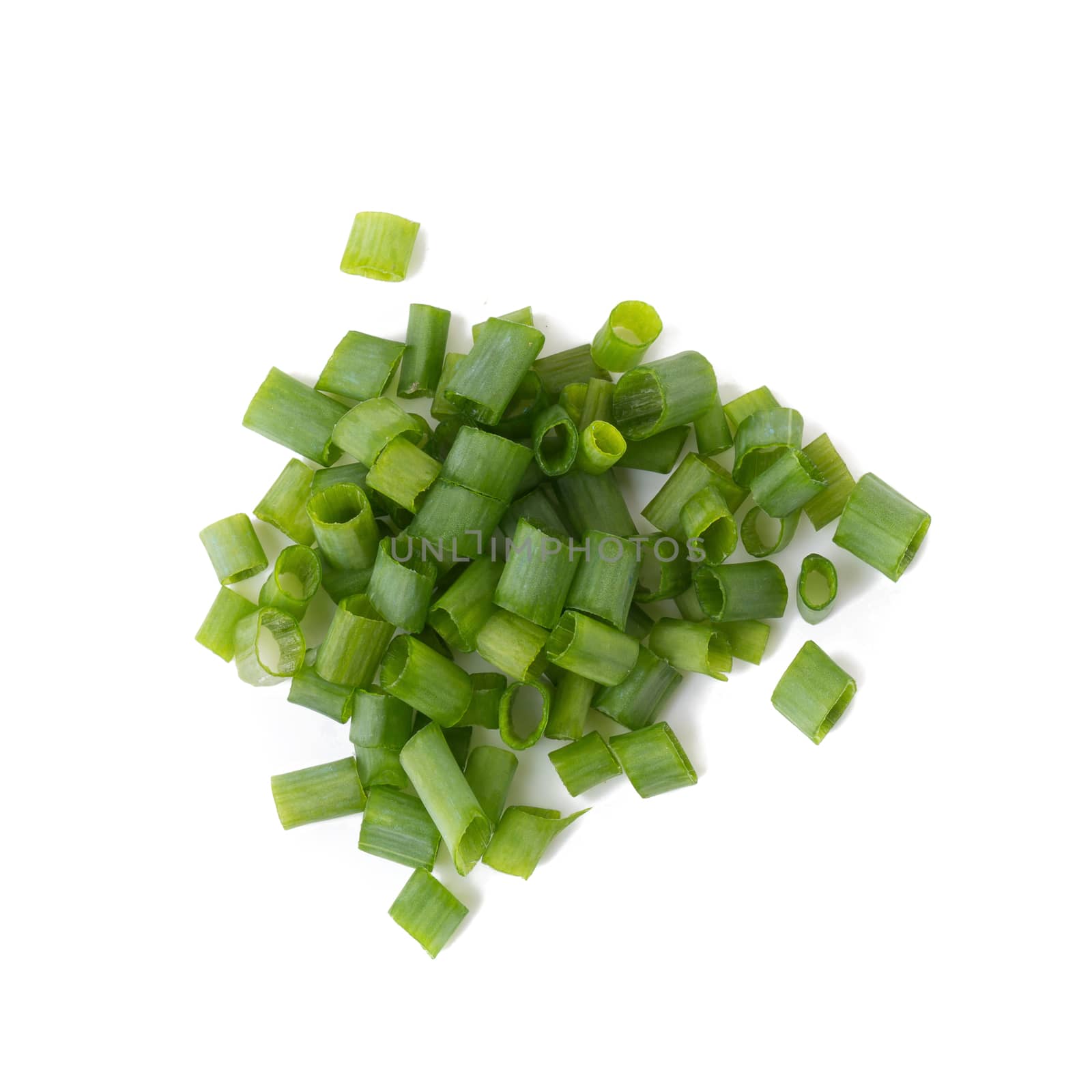 Chopped fresh green onions isolated on white background.
