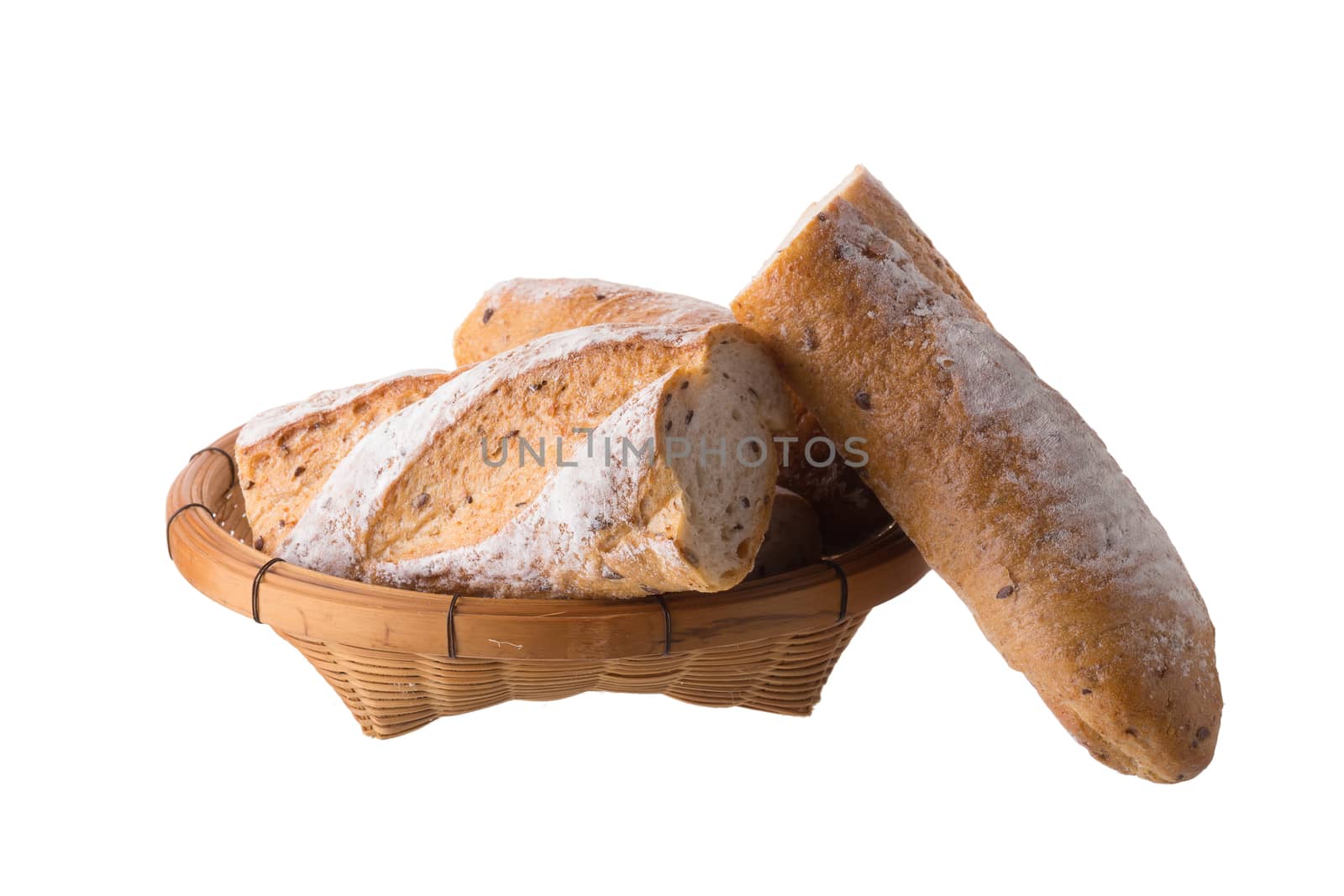french white long baguette bread isolated on white background.