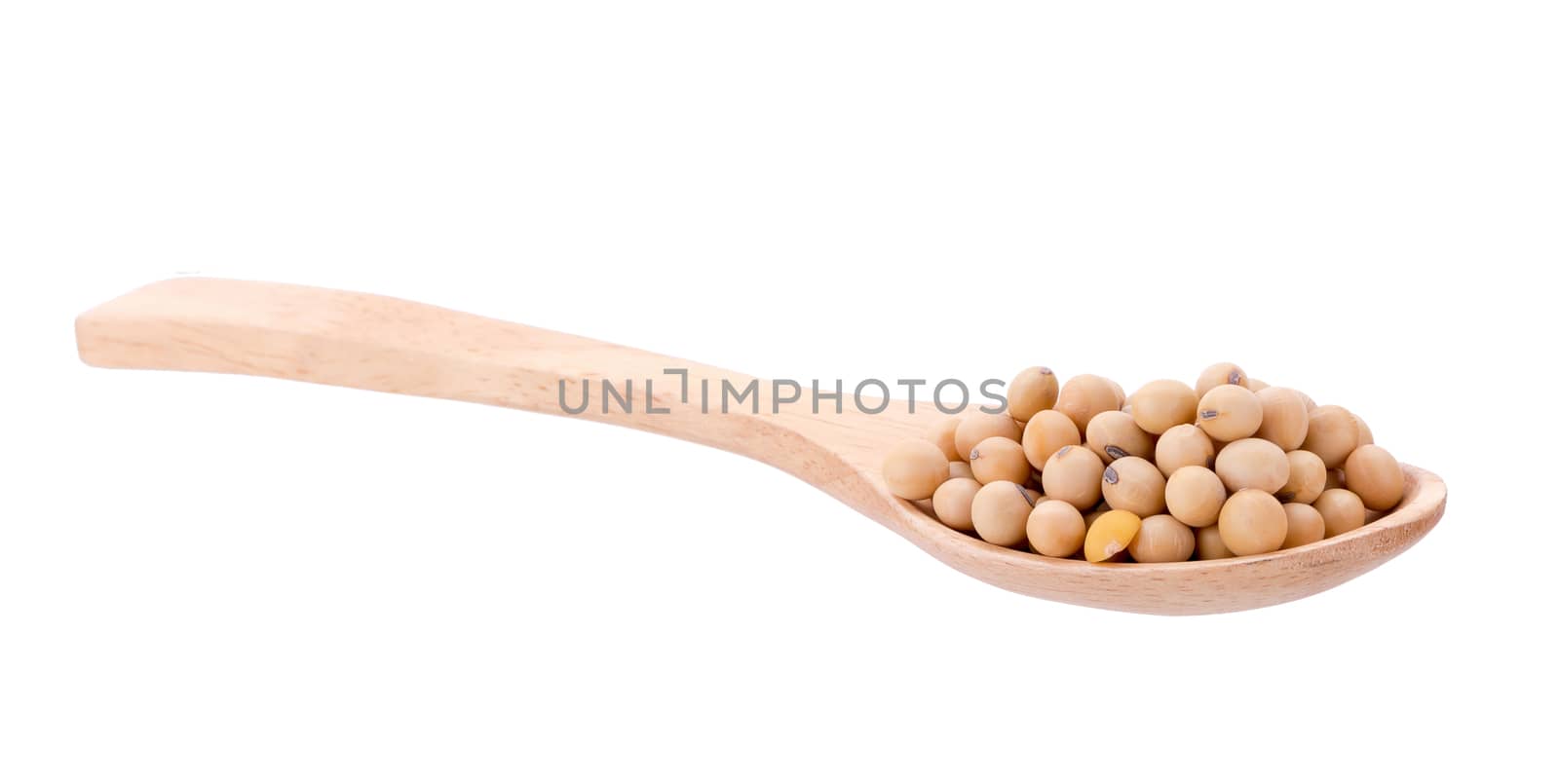 soybeans with wooden spoon isolated on white background.