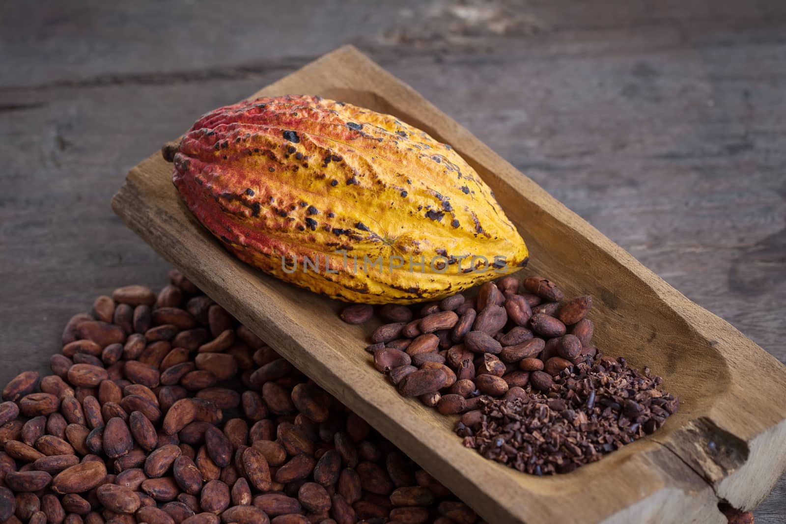 Cacao fruit, raw cacao beans, Cocoa pod on wooden background by kaiskynet