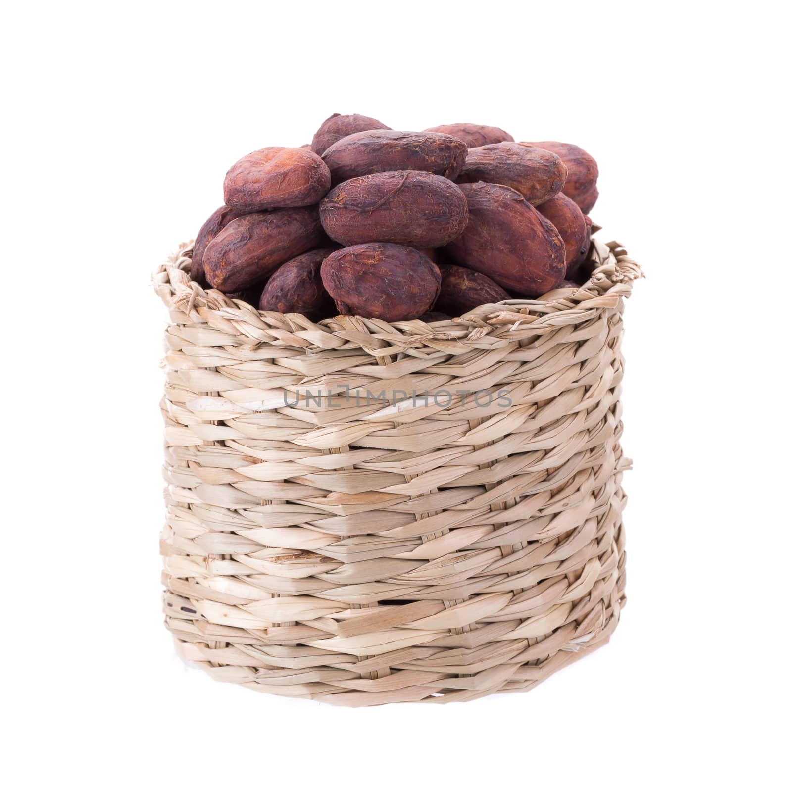 Cacao beans in basket isolated on white backgroun.