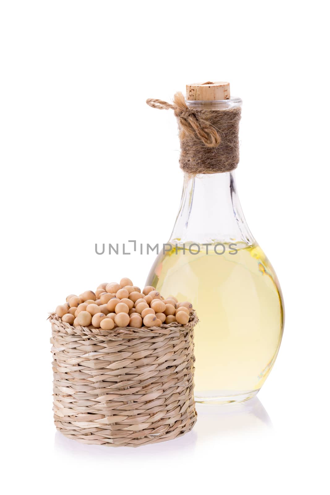 soybeans in basket  and oil isolated on white background.