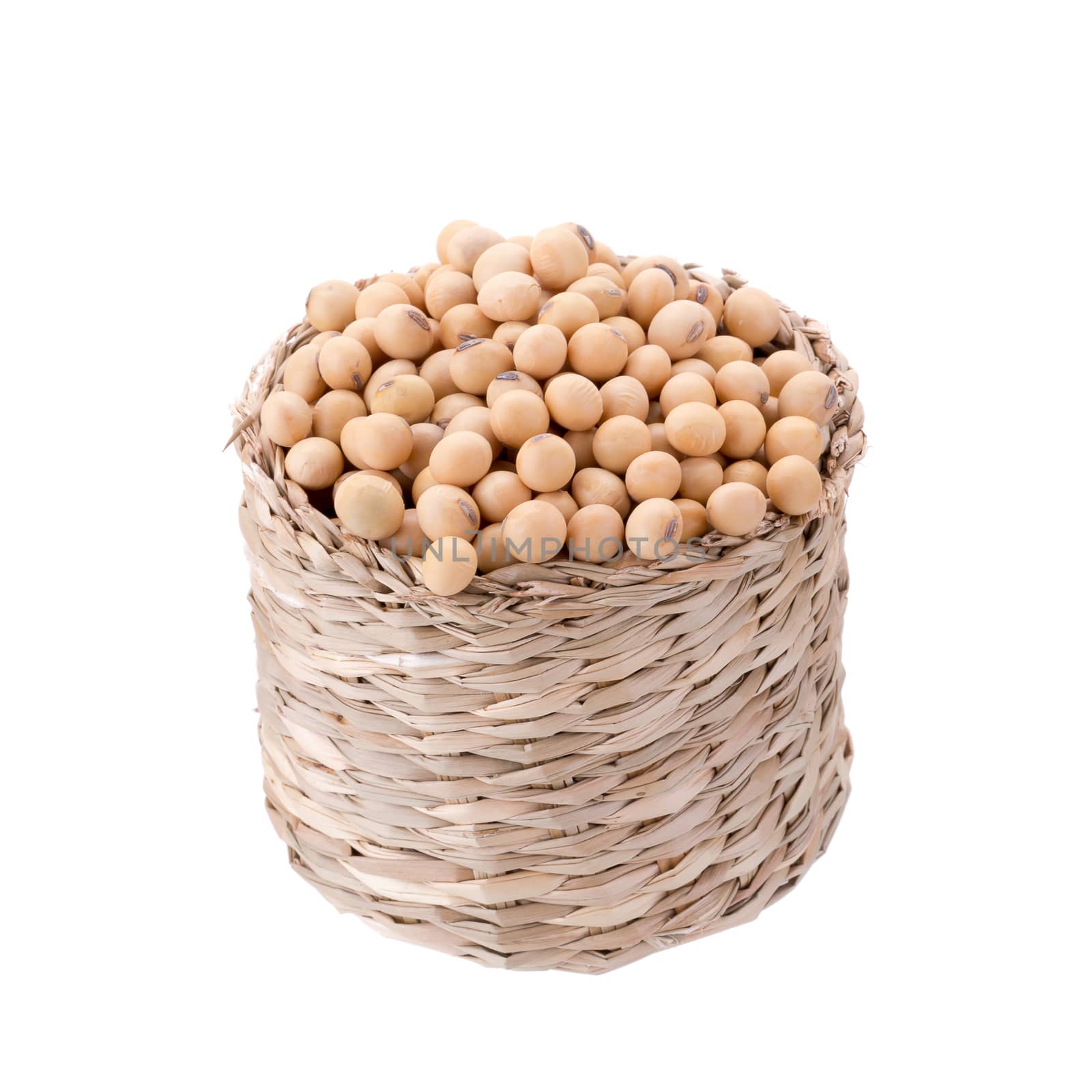 soybeans in basket isolated on white background.