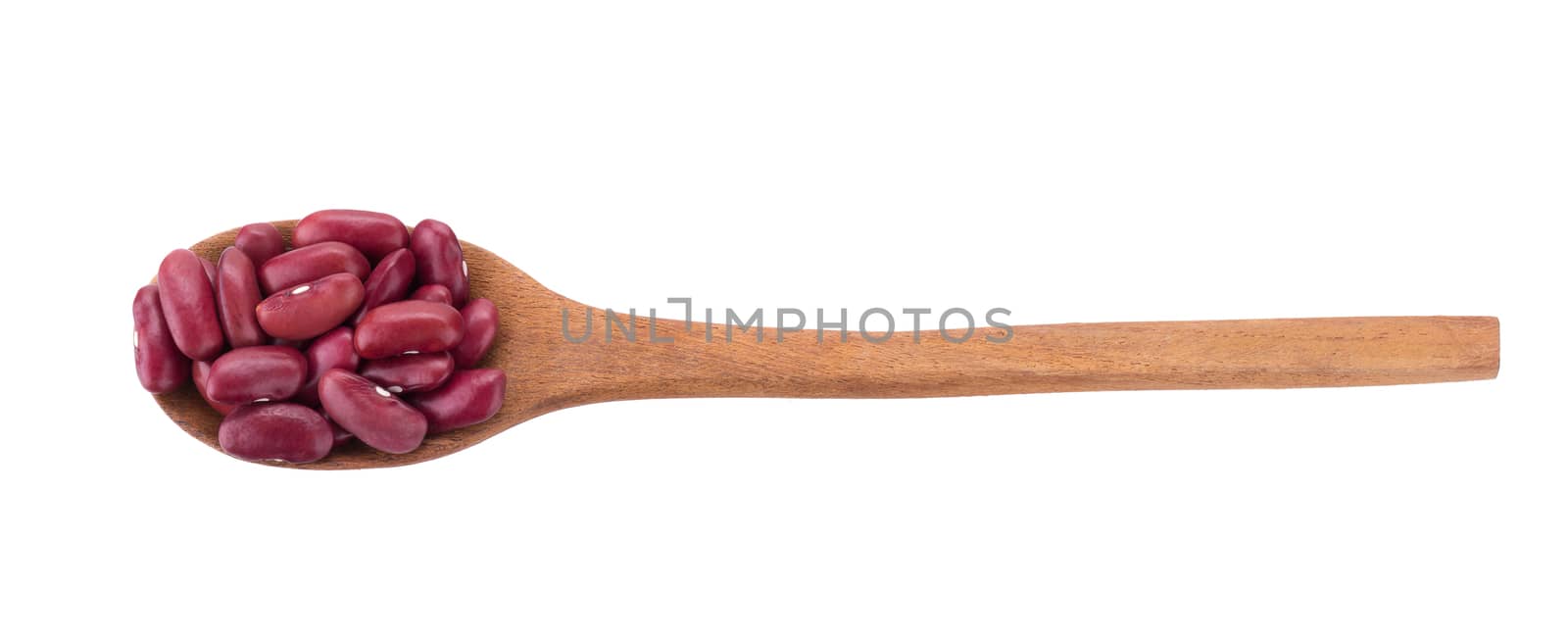 Red bean in a wooden spoon isolated on a white background.