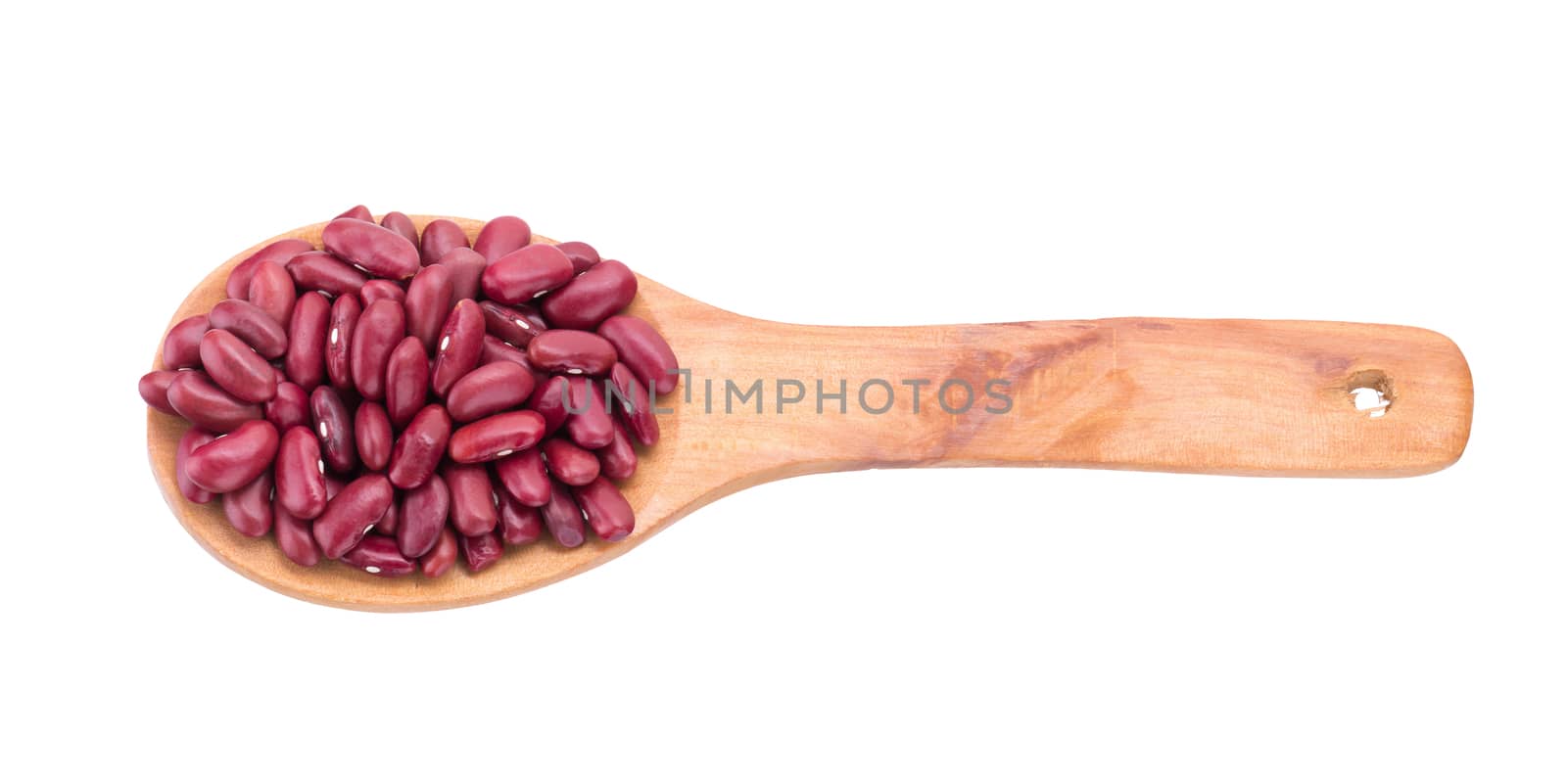 Red bean in a wooden spoon isolated on a white background.