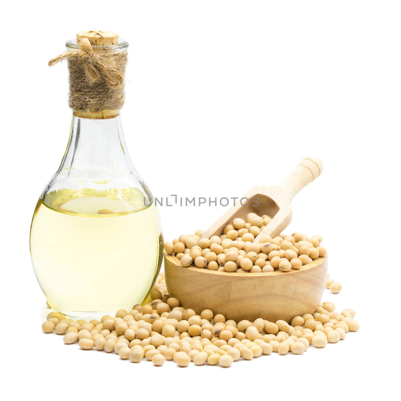 Soybean and Soybean oil bottle isolated on white background.