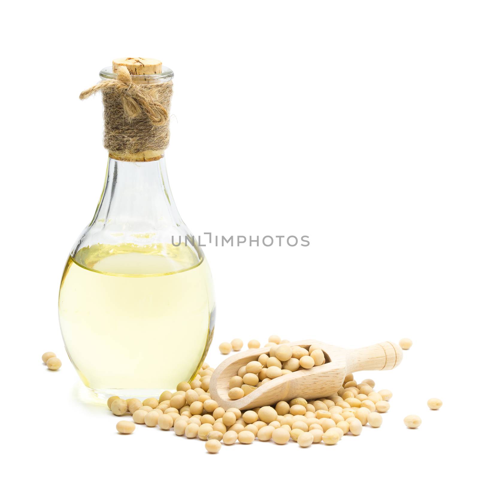 Soybean and Soybean oil bottle isolated on white background.
