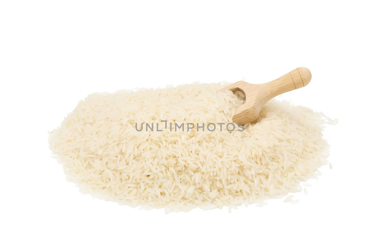 Rice in a wooden spoon on white background by kaiskynet