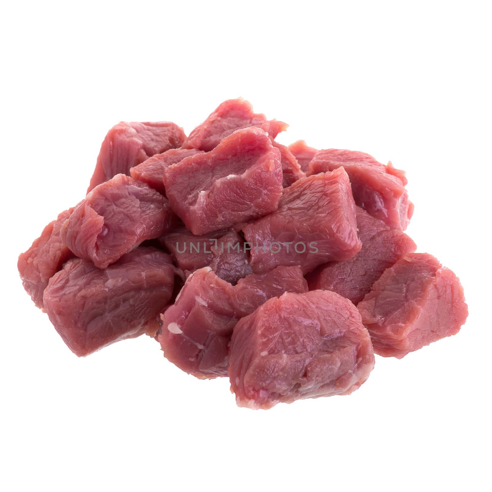 fresh raw beef cubes isolated on white background.