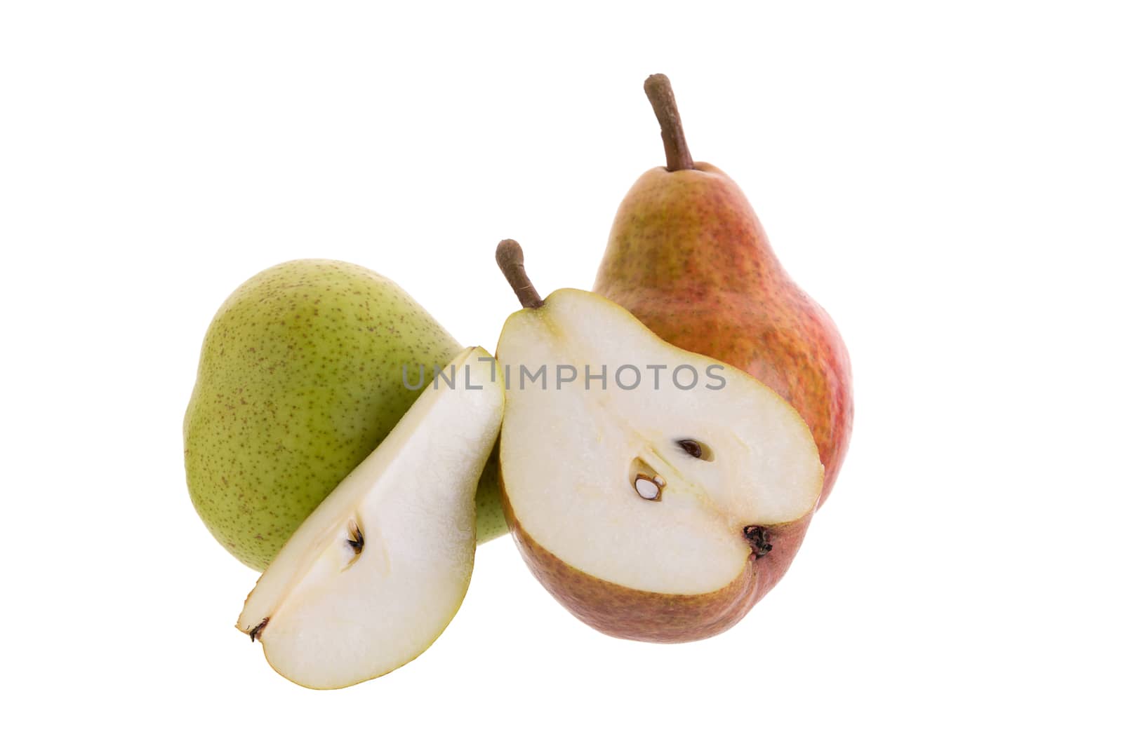 Ripe green and red pears isolated on a white background.
