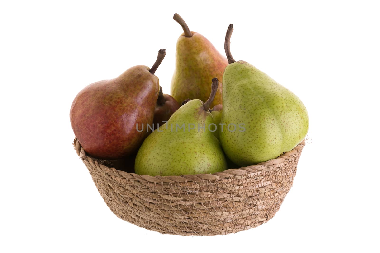 Ripe green and red pears isolated on a white background.