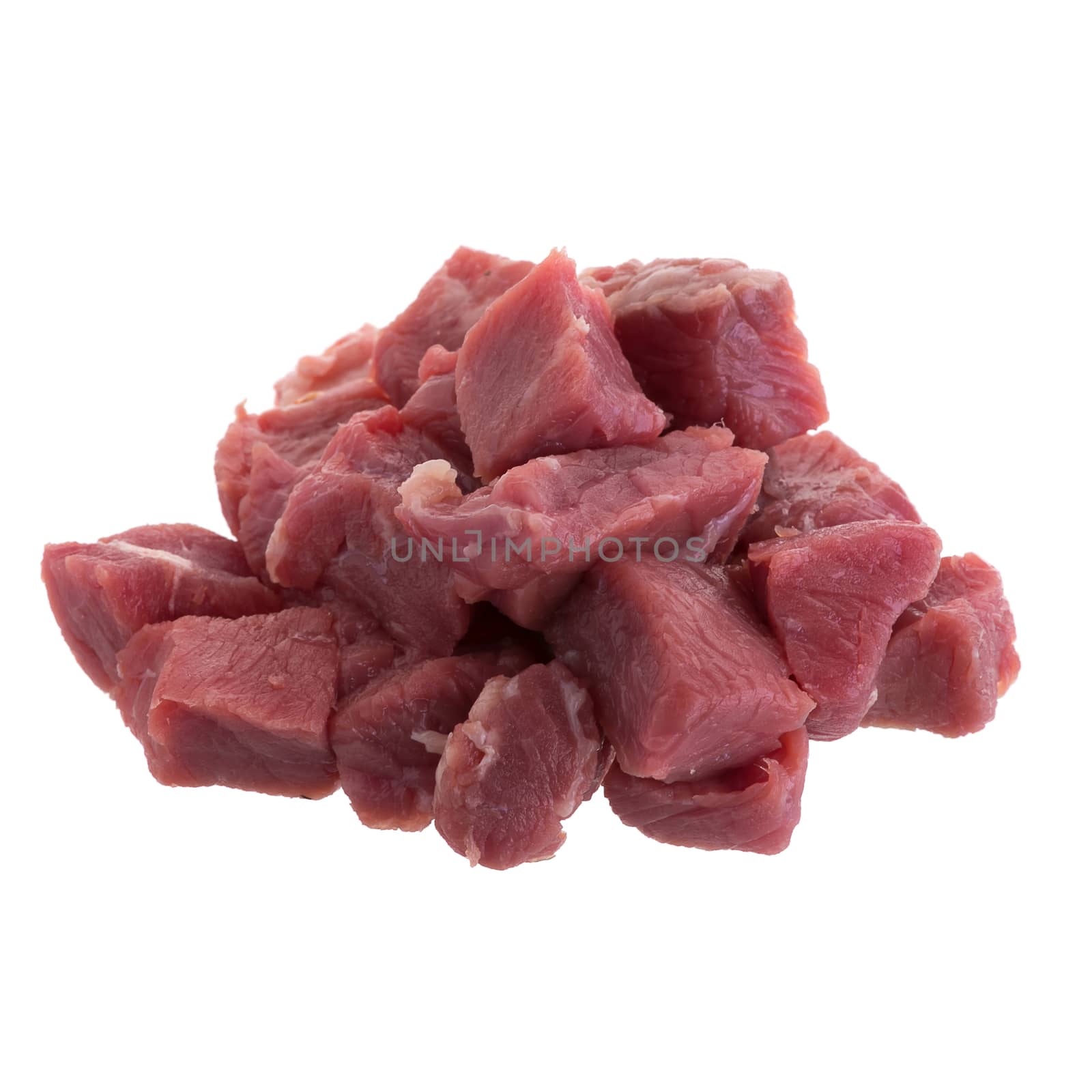 fresh raw beef cubes isolated on white background.
