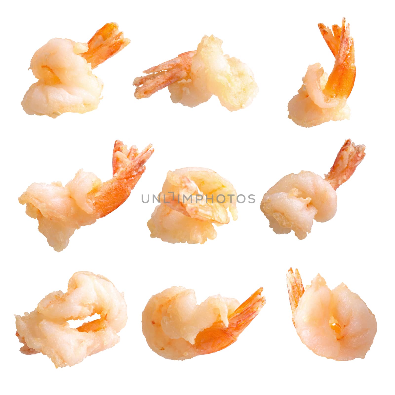 close up of deep-fried shrimps on white background by kaiskynet