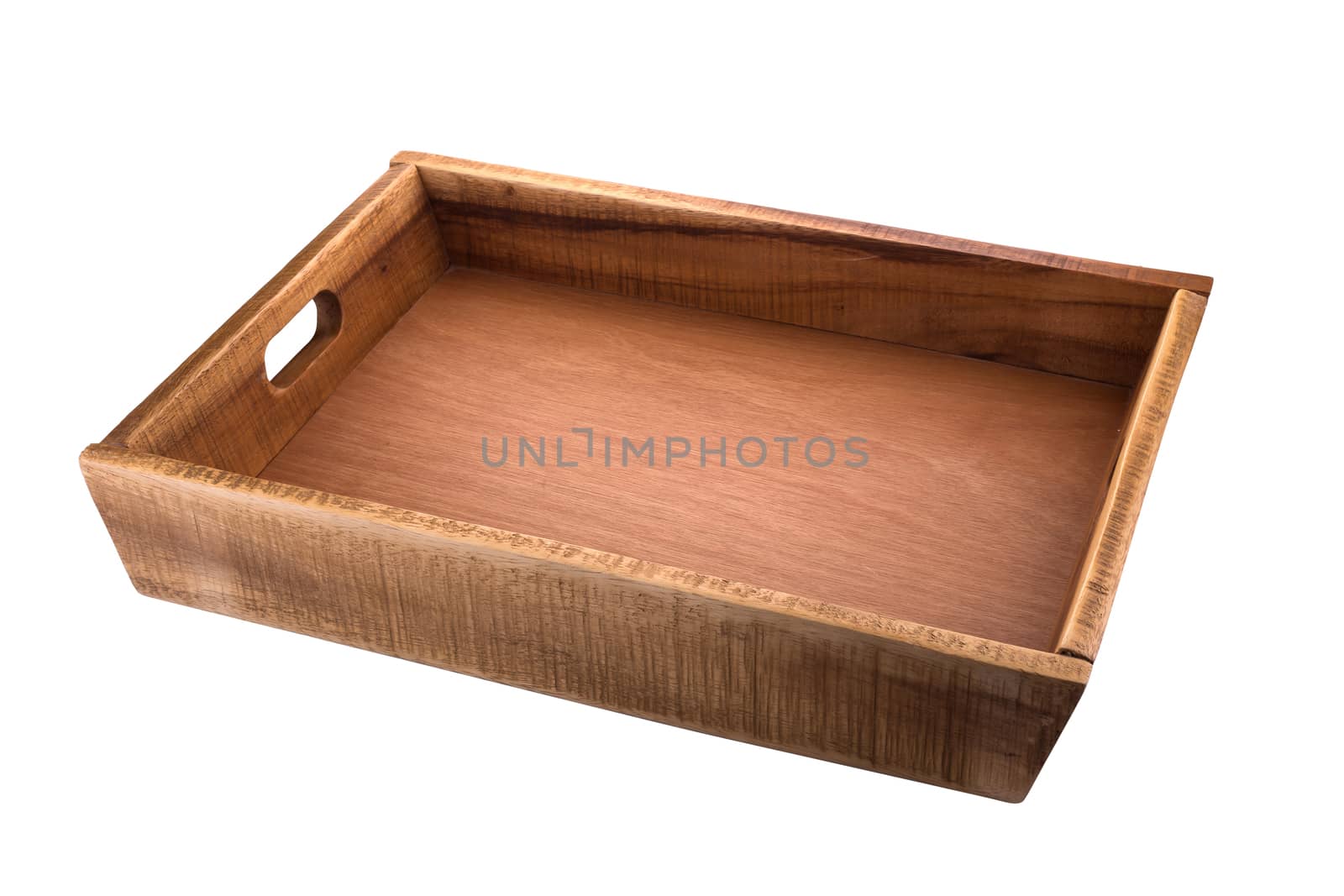 Square wooden tray on a white background.